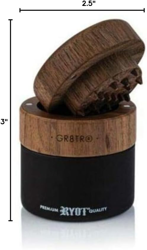 RYOT Wood GR8TR Herb Grinder with Clear or Matte Black Jar Body and Beech or Walnut Top (Walnut Top/Black Jar)