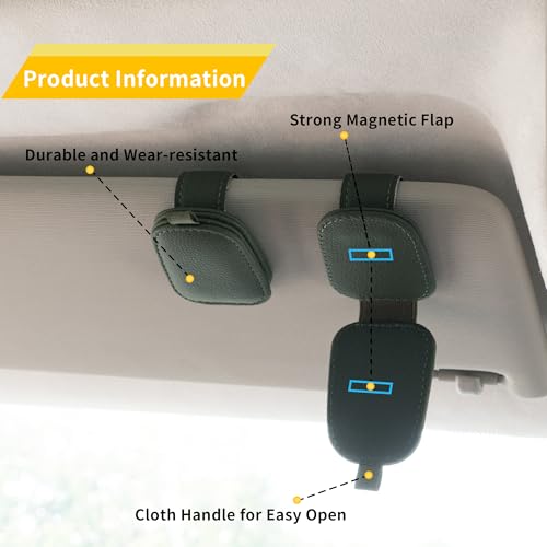 Image of Yuoyar 2 Packs Sunglasses Holders for Car Visor - Magnetic Leather Sunglasses Holder and Ticket Card Clip - Car Visor Accessories (Green)