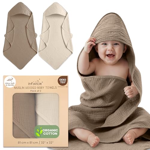 infancie Organic Cotton Muslin Baby Hooded Towels - 32x32 Inch, 2 Pack Newborn Bath Towels for Boys & Girls, Soft & Absorbent Bath Set (Olive/Ivory)