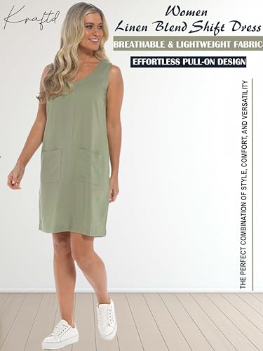 kraftd Women Linen Blend Shift Dress Sleeveless Ladies Dress Summer Dresses Womens UK Ladies Casual Khaki 10 Size Yorkshire Outdoor Activity Park