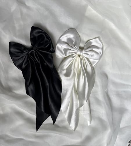 Image of 2 Pack Black and Off White Hair Bows - Bow Clips for Women and Girls - Luxury Silky Satin Barette Hair Clip - Cute Hair Accessories