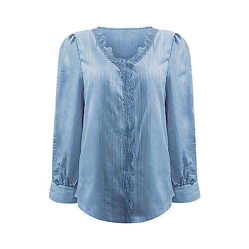 Camisa feminina com manga lanterna e gola V, elegante, renda elegante, túnica casual para festa de o
