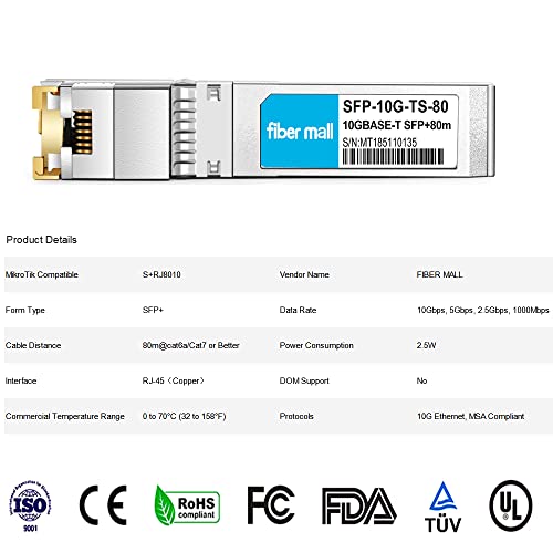 Image of 10G SFP+ RJ45 80m for Compatible MikroTik S+RJ8010 10GBASE-T SFP+ RJ45 80m Cat6a /7 Mini-GBIC 10gb Copper R-J45 Transceiver Module