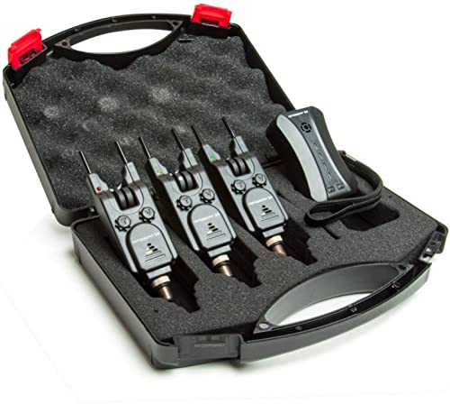 Saber - S4 Wireless Bite Alarms Set - 3 in 1 - Carp Coarse Fishing Set - Adjustable Volume & Tone - 4 Way Receiver - Removable Snag Ears - Vibration Function - LED Lights - Perfect For Fishing