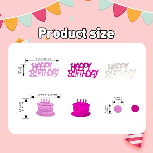 Image of Hot Pink and Silver Happy Birthday Confetti, 3000 Pcs Birthday Cake Table Metallic Foil Confetti Party Table Decor for Party, Baby Shower, DIY Arts and Crafting