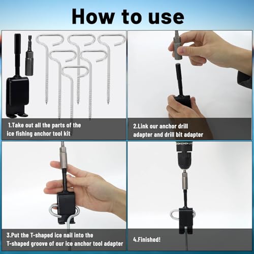 RGQSUN Ice Fishing Anchor Tool Kit,Ice Anchor Drill Adapter with 6 Ice Fishing Tent Stakes,Ice Shanty Anchors Power Drive Drill for Setting up Ice Fishing Shelter Tent