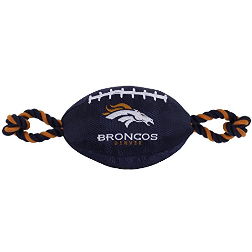 NFL DENVER BRONCOS Football Dog Toy, Tough Nylon Quality Materials with Strong Pull Ropes & inner SQUEAKER in NFL Team Color