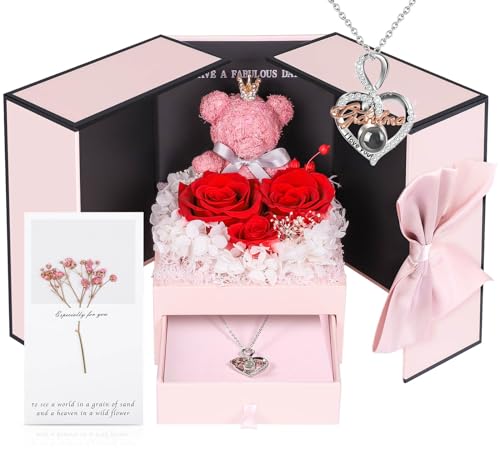 ADDWel Great Gifts for Grandma, Preserved Real Roses with I Love You 100 Languags Grandma Silver Necklace, Cute Bear and Eternal Roses for Grandmother Nana Birthday Christmas Valentines Day