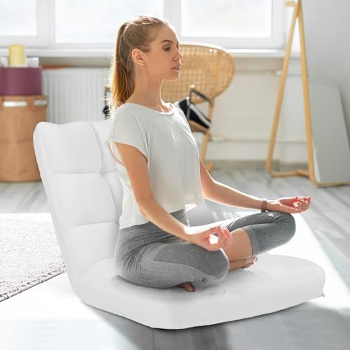 Image of COSTWAY Floor Chair, Video Gaming Chairs with Back Support, Adjustable 14-Position, Alloy Steel Frame, Soft Coral Fleece, Lazy Sofa Lounge for Reading Living Room Recliner for Adults Kids (White)
