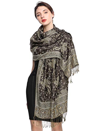 EASE LEAP Elegante Bufanda Estampada para Mujer Lujoso Chal Cálido con Borla Suave Pashmina Estilo Paisley Étnico Uso en Otoño Invierno 200 * 70cm/(9-Negro marrón)