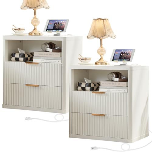 LEYAOYAO Fluted Nightstand Set of 2 with Charging Station, 23" Wide 2 Drawers End Table,Antique White Dresser for Bedroom,Bed Side Table Chest of Drawers Cabinet,Wood Night Stand for Living Room