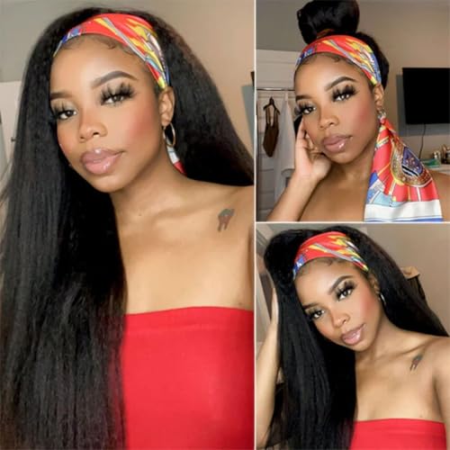 Image of 200 Density Kinky Straight Headband Wig Human Hair 26 Inch Yaki Straight Half Wig Human Hair None Lace Front Wigs for Black Women Natural Color, 100% Human Hair, No Shedding