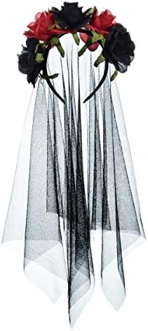 Funsveta Halloween Rose Flower Headband Day of The Dead Flower Headpiece with Black Veil Costume Cosplay (Black and Red)