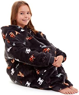 Slumber Hut Hoodie Wearable Blanket Ultra Soft Fleece Snuggle Poncho Loungewear Hooded Top Oversized Comfy Cosy Sweatshirt Throw Cover - Charcoal Dog Kids One Size