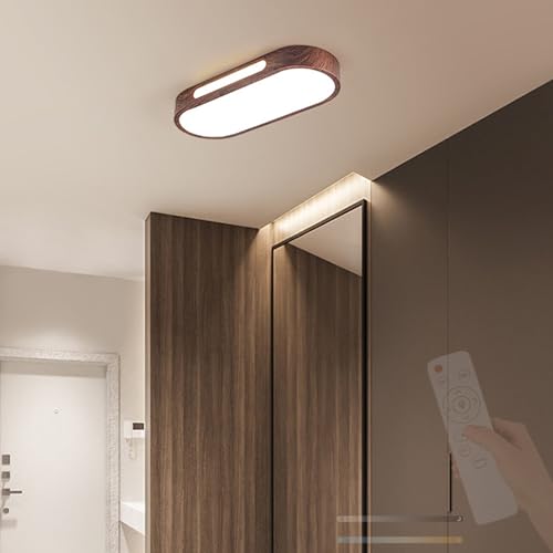 Plafonnier LED géométrique dimmable 90cm aspect bois foncé avec télécommande