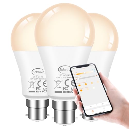 SOBROVO LED Light Bulb 13W Warm White-White 2700K-6000K 130W Equivalent B22 Smart Bluetooth Remote Control Light Bulbs - Compatible with Alexa, Energy Saving, Bayonet Fitting,Indoor Lighting 3Pack