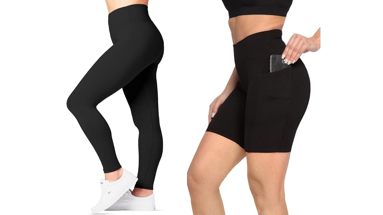 SATINA Black High Waisted Leggings (One Size Plus) and Black Biker Shorts 8" with Pockets (X-Large Plus)