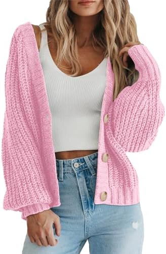 PRETTYGARDEN Women's Long Sleeve Plain Button Down Sweater Classic V-Neck Knit Cardigan — Pink