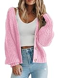 PRETTYGARDEN Women's Short Cardigan Sweaters V Neck Button-Down Long Sleeve Oversized Chunky Knit Cardigans (Pink,Medium)