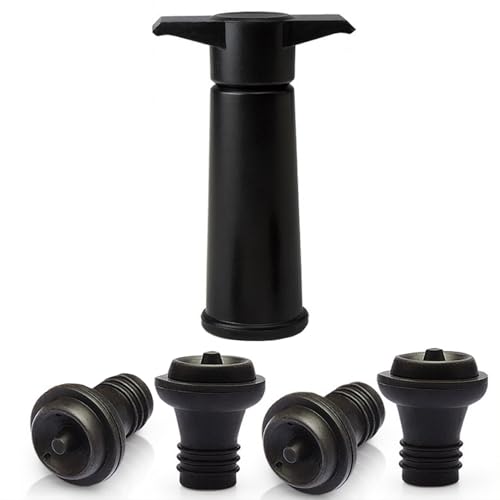 FUZVOL 4 PCS Wine Bottle Stopper with Wine Saver Vacuum Pump,Silicone Vacuum Champagne Wine Stoppers,Reusable Keeps Wine Fresh Saver Seal Stopper(Black)