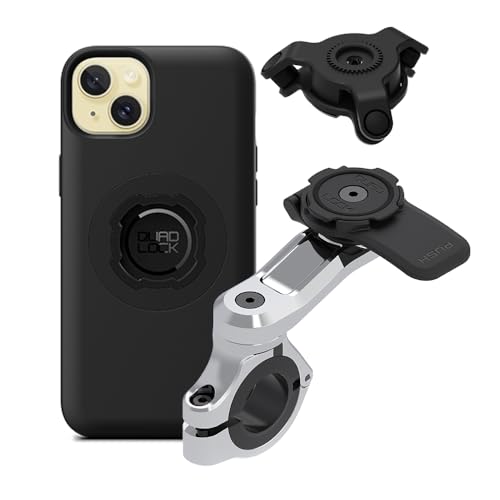 Image of Quad Lock Motorcycle Handlebar Phone Mount PRO Chrome with Vibration Dampener and MAG Phone Case for iPhone 15 Plus