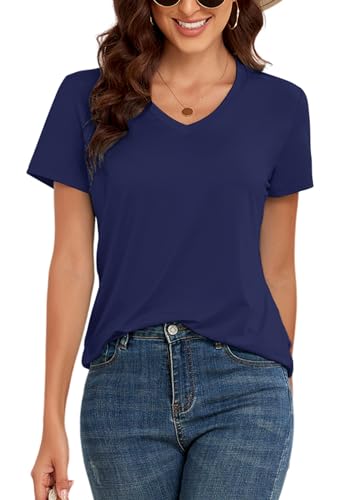 KevaMolly V Neck Basic Navy T Shirts for Women UPF 50+ Short Sleeve 2025 Summer Trendy Tops Solid Casual Loose Fit Tee Shirt L
