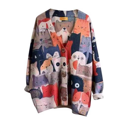 Image of TBUS Women's V Neck Oversized Cat Print Cardigan, Boho Patchwork Knit Sweater Long Sleeve Button Front with Pockets