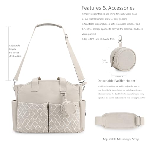 Lmbabter Diaper Bag Tote with Changing Station Upgrade Multi-Function Baby Bag with Adjustable Shoulder Strap Beige, One Size
