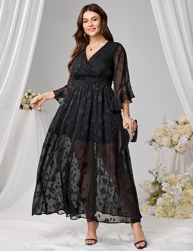 Wedding Guest Dress Plus Size Ruffle Bell Sleeve V Neck A Line Flowy Empire Waist Maxi Dresses with Slit3