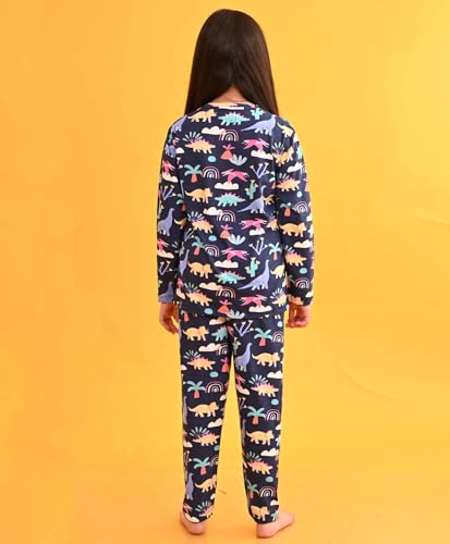 Image of ANTHRILO Pure Cotton Printed Pyjama Set for Girls | Regular Wear | Dinosaur Rainbow Long Sleeves Girls Pyjama Set - Blue 12-14 Years
