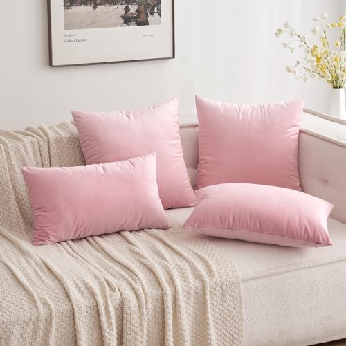 Image of MIULEE Pack of 2 Velvet Pillow Covers Decorative Square Pillowcase Soft Solid Cushion Case for Spring Sofa Bedroom Car 14x14 Inch Bright Pink