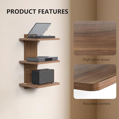 Image of WALI Floating TV Shelf, 3 Tier Projector Shelf for DVD Players, Routers, Game Consoles, Cable Boxes, Living Room Decor Accessories, Wall Mount Shelves Holds Up to 22lbs (CS303N), 3-Shelf, Walnut Brown | Projector Shelf for Routers, Game Consoles, Cable Boxes, Wall Mount Shelves Hold Up to 22lbs, (CS303N), 3-Shelf, Walnut Brown