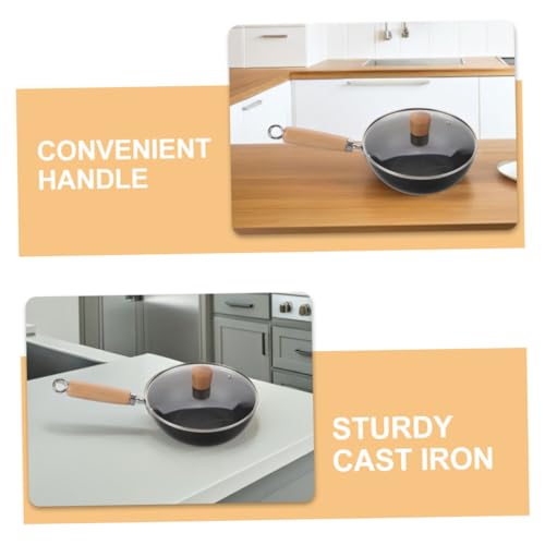 Wok de hierro fundido resistente con tapa y mango de madera miniatura 3