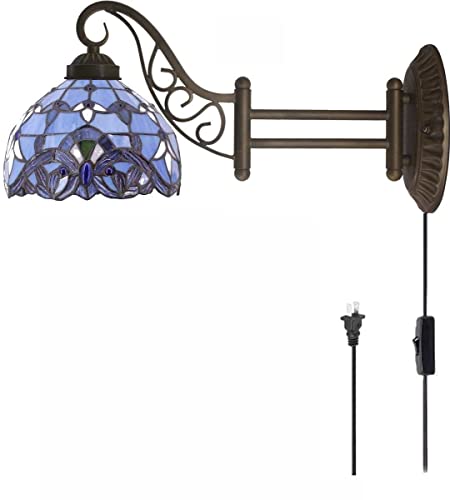 Werfactory Tiffany Wall Sconce Lamp W8L19 Inch Swing Arm Up Down Light Blue Purple Stained Glass Baroque Shade S003C Living Room Bedroom Office Study Antique Metal (S003C) #TOP14