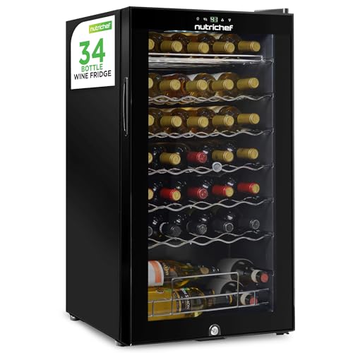 NutriChef PKCWC340.5 Chilling Refrigerator Cellar-Single-Zone Wine Cooler/Chiller, Digital Touch Button Control with Air Tight Seal, Contains Placement for Standing (34 Bottle Storage Capacity), Black