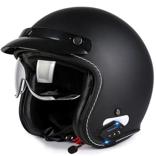Motorradhelm Jethelm 3/4 Bluetooth Motorrad Helm ECEDOT Zertifizierung Motorrad Integrierter Bluetooth-Helm Jet Scooter Helm Herren Damen Mit Brillenschnalle Offenem Rollerhelm 2,L=59~60CM