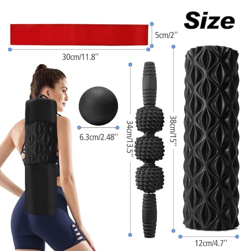 Joyenergy 5-in-1 Foam Roller Set for Deep Tissue Massage, Muscle Pain Relief, Improved Mobility, High-Density Back Roller for Whole Body Relieves Muscle Pain Muscle Massage (Black)