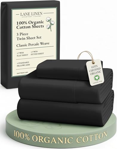Image of LANE LINEN 100% Organic Cotton Twin Bed Sheet Set, 3 Pc Twin Size Sheets Set, Soft & Breathable Twin Sheet Set Boys, Hotel Style Bedding Sheets & Pillowcases, 15 inch Deep Fitted Sheet - Black