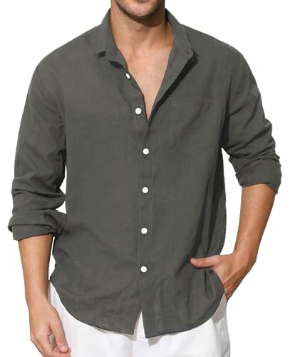 Enlision Mens Cotton Linen Shirts Long Sleeve Casual Henley Shirts Banded Collar Lightweight Solid Color Summer Beach Shirt Holiday with Pocket S-4XL