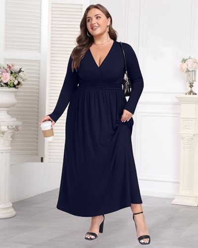 Image of COSSEN Womens Plus Size Maxi Dresses for Curvy Women 2026 Casual Ladies V Neck Flowy Swing Long Dress with Pockets XL-5XL