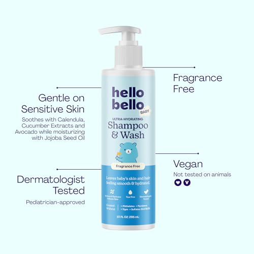 Image of Hello Bello Baby Ultra-Hydrating Shampoo & Wash, Fragrance Free for Sensitive Skin, 10oz Bottle