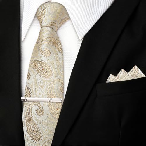 Image of DiBanGu Silk Floral Ties for Men Woven Paisley Necktie and Tie Clip Handkerchief Cufflinks Set for Party Wedding