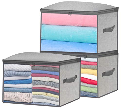 Clothes Storage Bag Organizer for Closet 3pk,Large Capacity Collapsible Linen Blanket Containers Bins with Clear Windows for Comforters,Bedding,Clothing(Grey)
