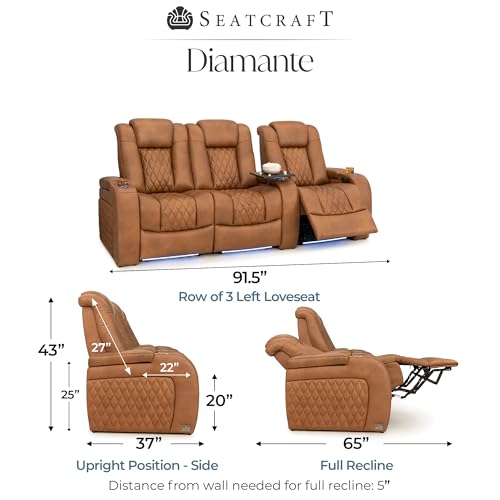 Image of Seatcraft Diamante Tawny Italian Leather Home Theater Seating, Zero Gravity Power Recliner Gaming and Home Office Chair, Powered Headrest Lounge Sofa Furniture for Cinema Room, Row of 3 Left Loveseats