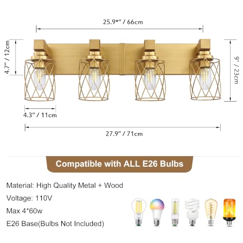 Image of Bathroom Light Fixtures, 4 Light Brushed Gold Wood Vanity Lights