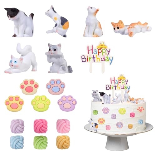 18 Piezas Decoracion Tartas Cumpleaños Gatitos, Gatos Torta Topper, Decoracion Tartas Cumpleaños, Gatitos Temática Cumpleaños Fiesta Decoracion, Accesorios para Fiestas de Cumpleaños