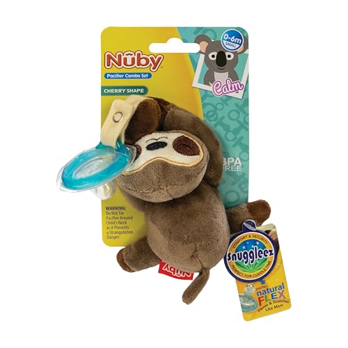 Image of Nuby Soft Plush Pacifinder with Detachable Silicone Pacifier: 0-6 Months, Sloth, Natural Cherry Shape, Brown, one Size