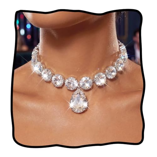 JEAIRTS Chunky Rhinestone Choker Necklace Silver Big Diamond Jewelry for
