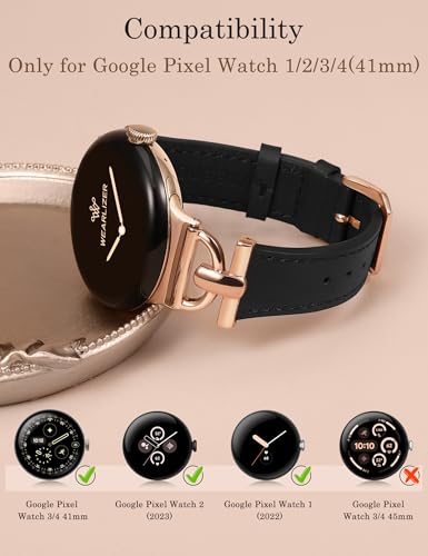 Image of Wearlizer Leather Bands Compatible with Google Pixel Watch 4 /3 41mm /Pixel Watch 2 /1 Band Women, Dressy Designer Slim Leather Strap with D-Shape Metal Buckle for Pixel Smartwatch Accessories