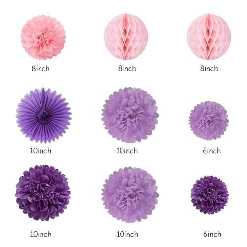 Image of Purple Pink Birthday Party-Decorations Paper-Flowers - 14pcs Happy Banner Lavender Lanterns Tissue Pom Poms,Lilac Streamers Garland Fans Honeycomb,Women Girls Adult Kids Hanging Supplies Decor Hugfond
